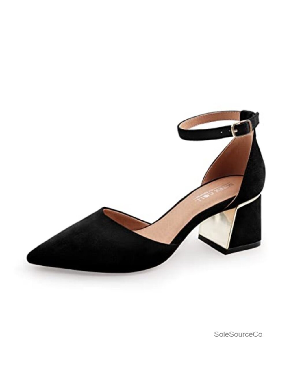 Women's Pointed Toe Ankle Strap Chunky Low Heel Pumps with Memory Foam